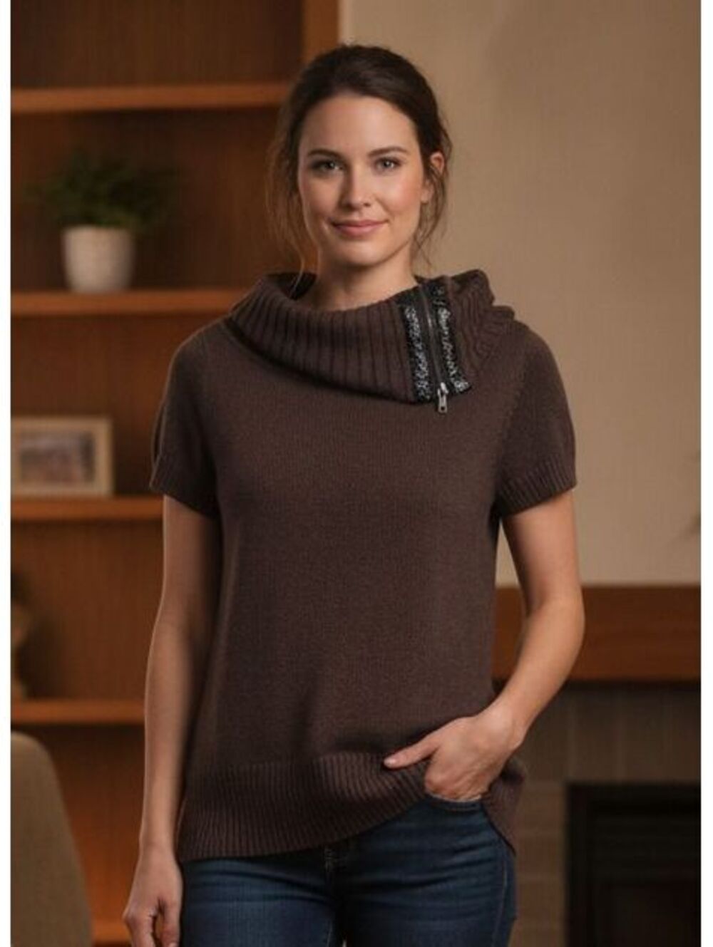 Smart Set Brown Short Sleeve Cowl Neck Zip Knit Tunic Sweater M